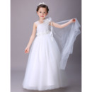 White Lovely Asymmetric Neck Full Length Satin Tulle Flower Girl Dresses with Ruffled Waist