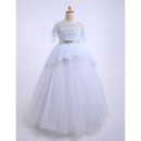 Beautiful Ball Gown Illusion Neckline Full Length Beaded Appliques Tulle Flower Girl Dresses with Half Sleeves