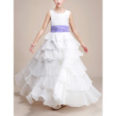 Lovely Full Length Chiffon Layered Skirt Flower Girl Dresses with Flower Waistband