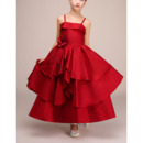 Perfect Spaghetti Straps Ankle Length Red Satin Layered Skirt Little Girls Pageant Dresses