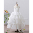 Pretty Ivory Ball Gown Tea Length Organza Tulle Layered Skirt Flower Girl Dresses with Crystal Beaded
