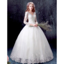 Alluring Appliques Beading Ball Gown V-Neck Tulle Wedding Dresses with Long Sleeves