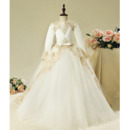 Gorgeous Ball Gown V-back Long Length Appliques Tulle Flower Girl Dresses with Long Sleeves/ First Communion Dresses