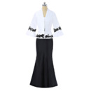Flattering Black and White Mermaid Cap Sleeves Full Length Satin Mother Dress with Jacket and Appliques
