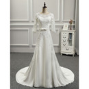 Graceful Illusion Neckline Court Train Chiffon Wedding Dresses with 3/4 Length Sleeves