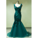 Stylish Scoop Neckline Mermaid Organza Evening Dresses with Beading Floral Applique