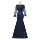 Junoesque Mermaid Lace Bodice Full Length Satin Mother Dress with Long Illusion Sleeves