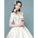 Graceful Beaded Appliques Ball Gown Square Neckline Satin Wedding Dresses with Short Sleeves